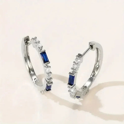14K White Gold Plated Unique Blue Baguette Cubic Zirconia Men Women Hoop Earring